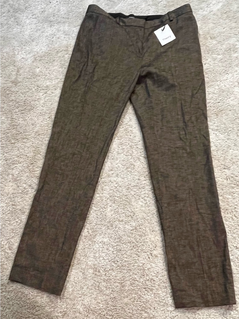 NWT Theory Treeca FL Textured Linen Pants Slim Straight Beige Clay Brown Size 6
